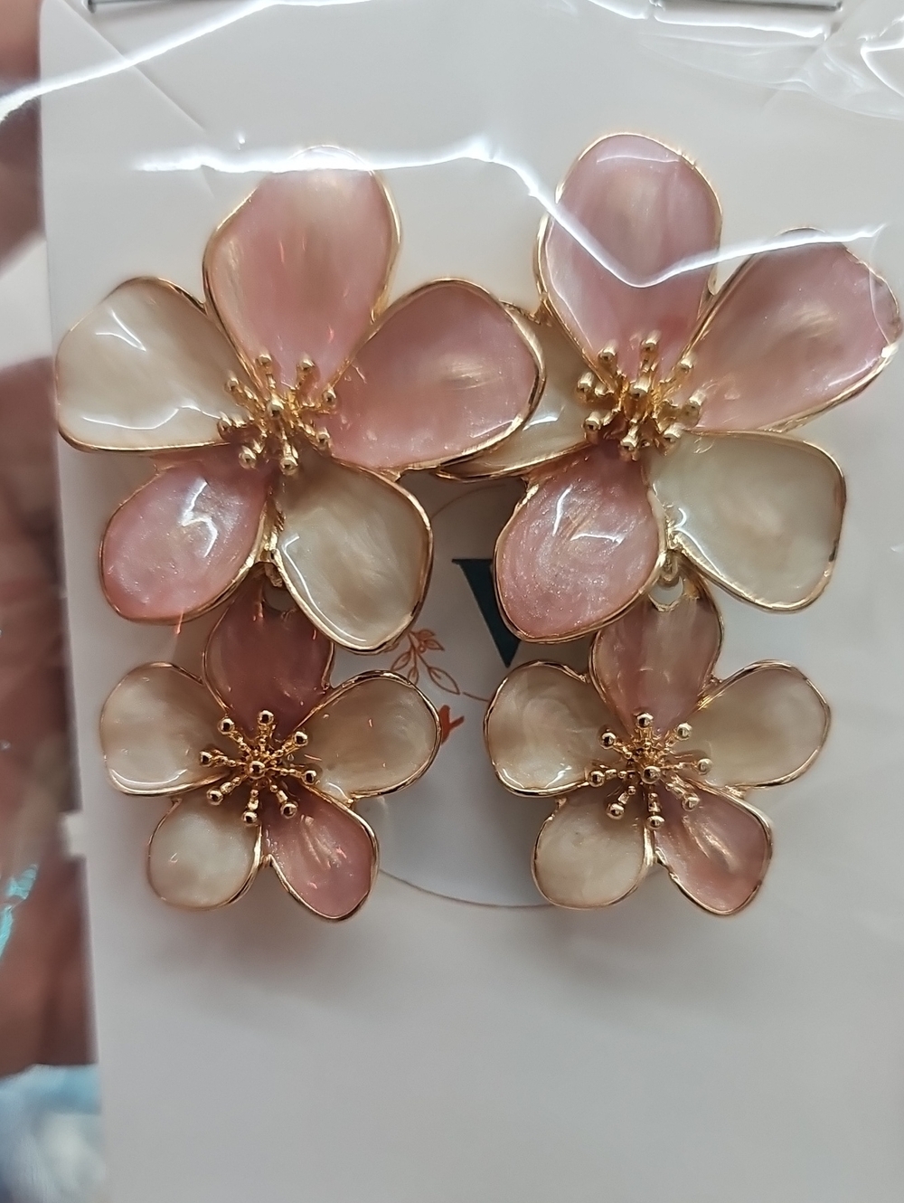 Rose and Cream Floral Drop Earrings - Gold Tone